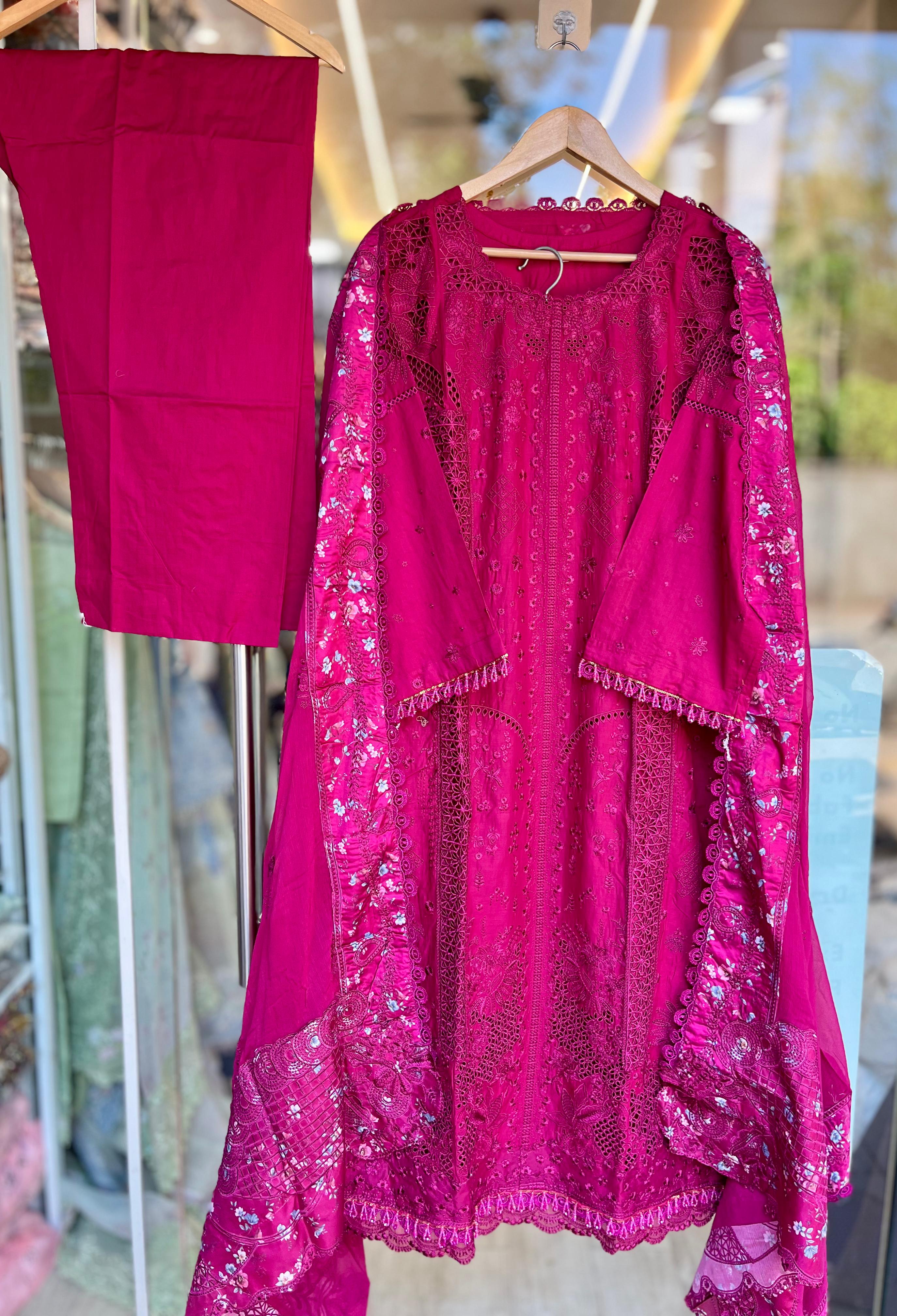 Qalamkar Sahil Lawn 2026 | Zara | Hot Pink Embroidered Lawn Suit