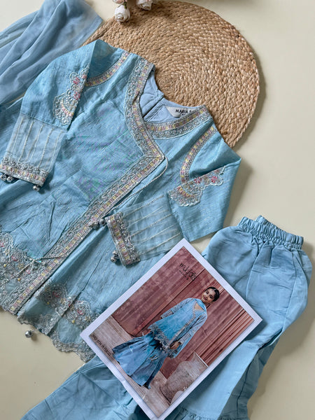 3Piece Embroidered Suit Ferozi Blue | MKS-EF24-19