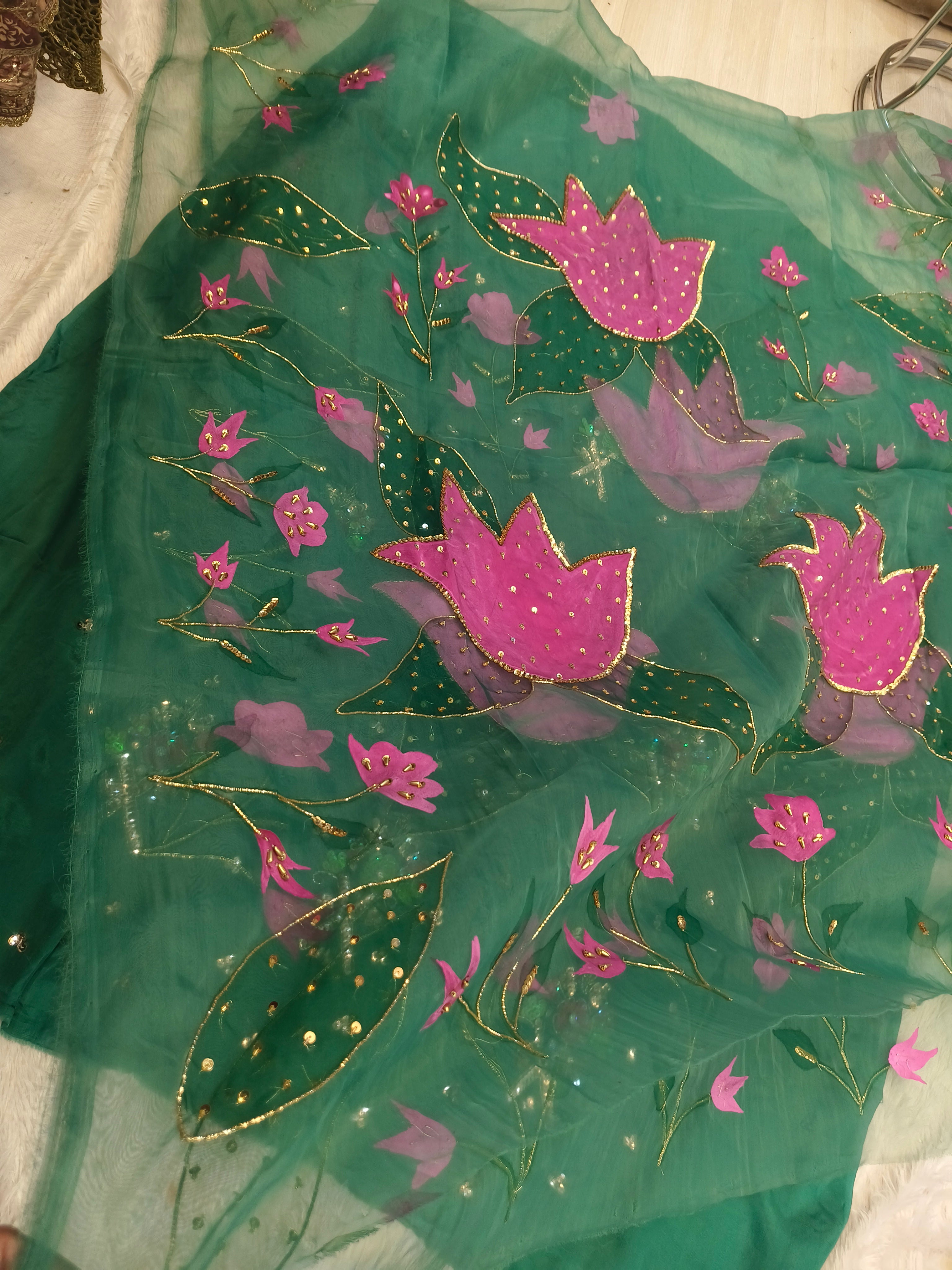 Hand Painted handwork Deep Sea-green Joda (Unstitched)