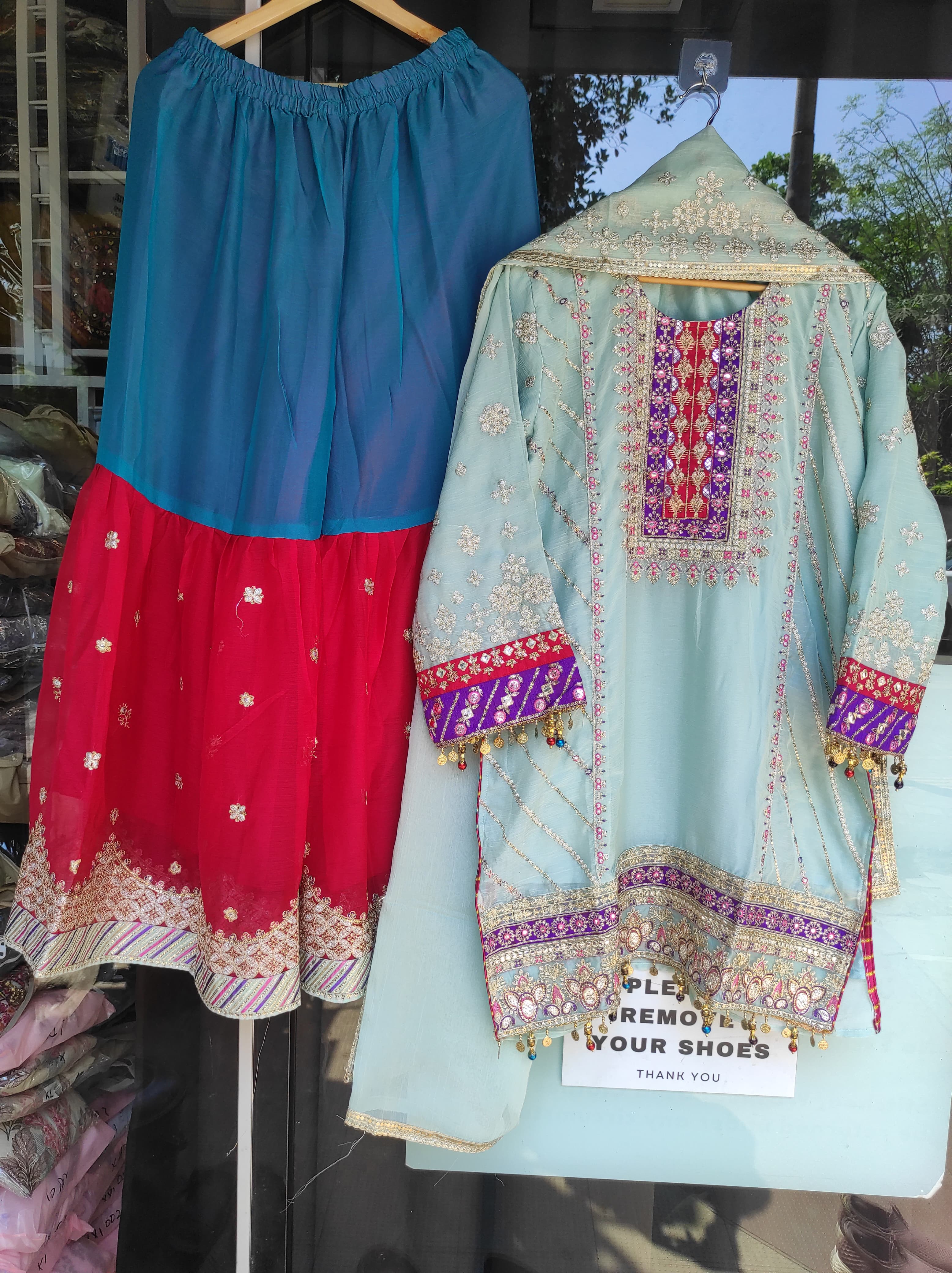 Garara Set-Sea Blue & Rani Pink