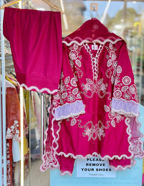 Magenta Pink Floral Cutwork & Embroidered 3-Piece Kurta Set