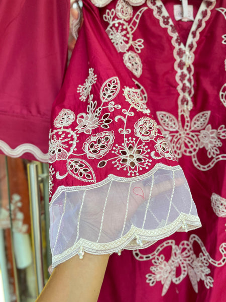 Magenta Pink Floral Cutwork & Embroidered 3-Piece Kurta Set