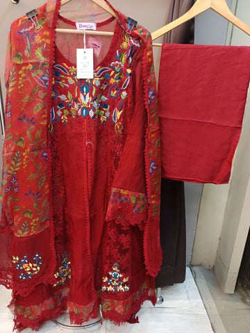 Red Khaadi Net Semi-stitched Frock