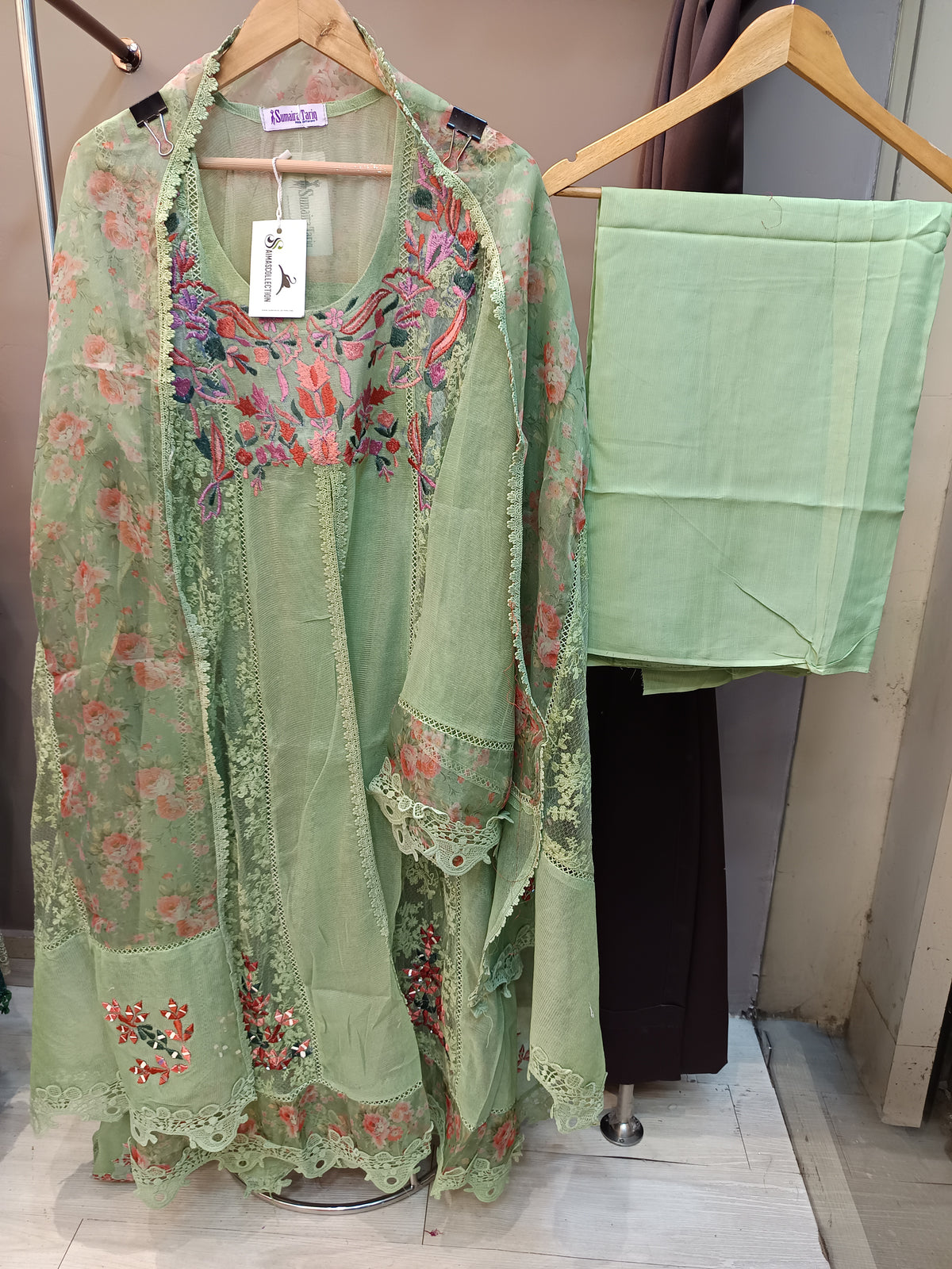 Pista green Khaadi Net Semi-stitched Frock