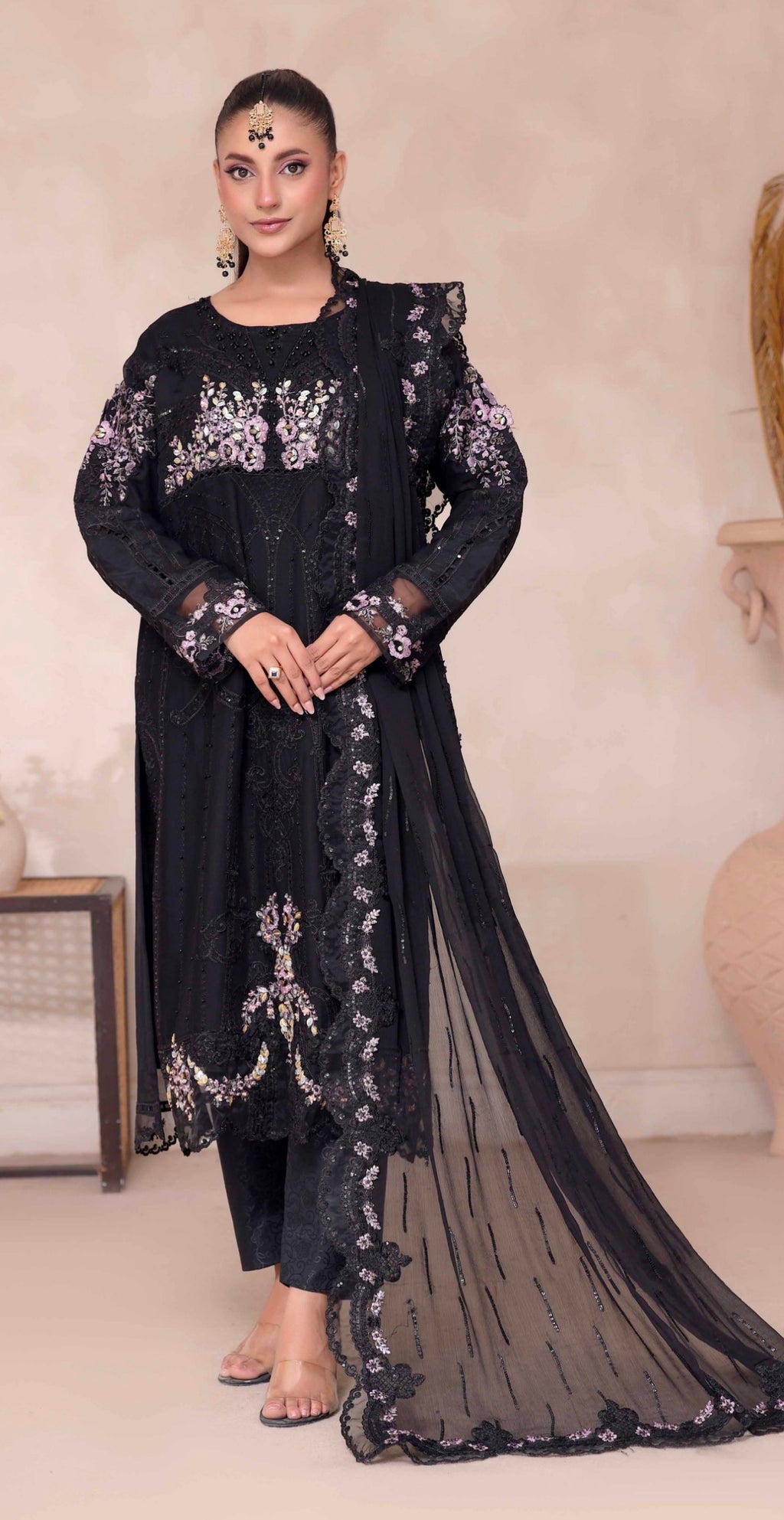 SEMI-STITCHED CHIFFON SUIT | BLACK FLORAL