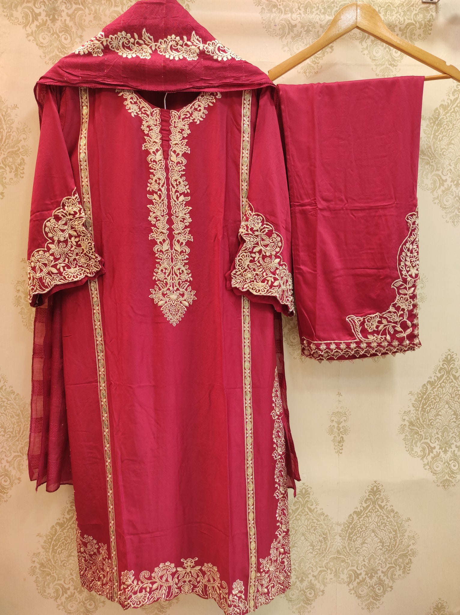 Tomato Red Rayon Satin Embroidered Suit