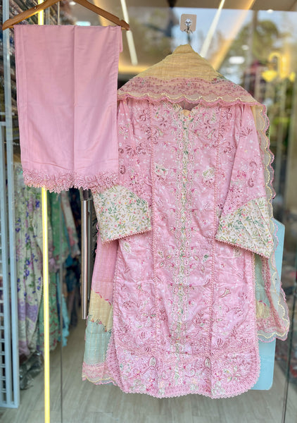 Blush Pink-Luxury Embroidered Viscose Silk Lawn Suit