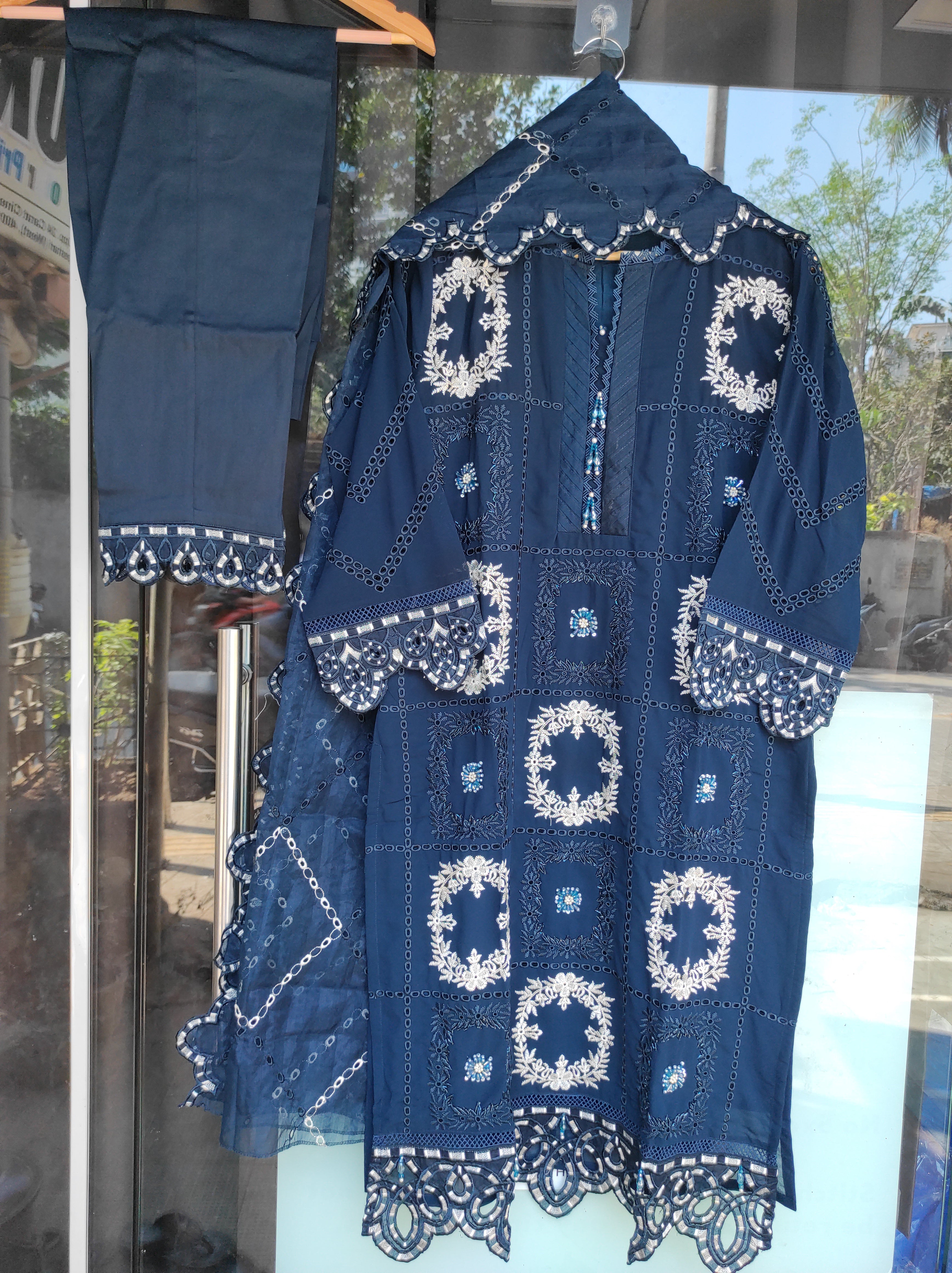 Georgette Embroidered Blue 3pc Set