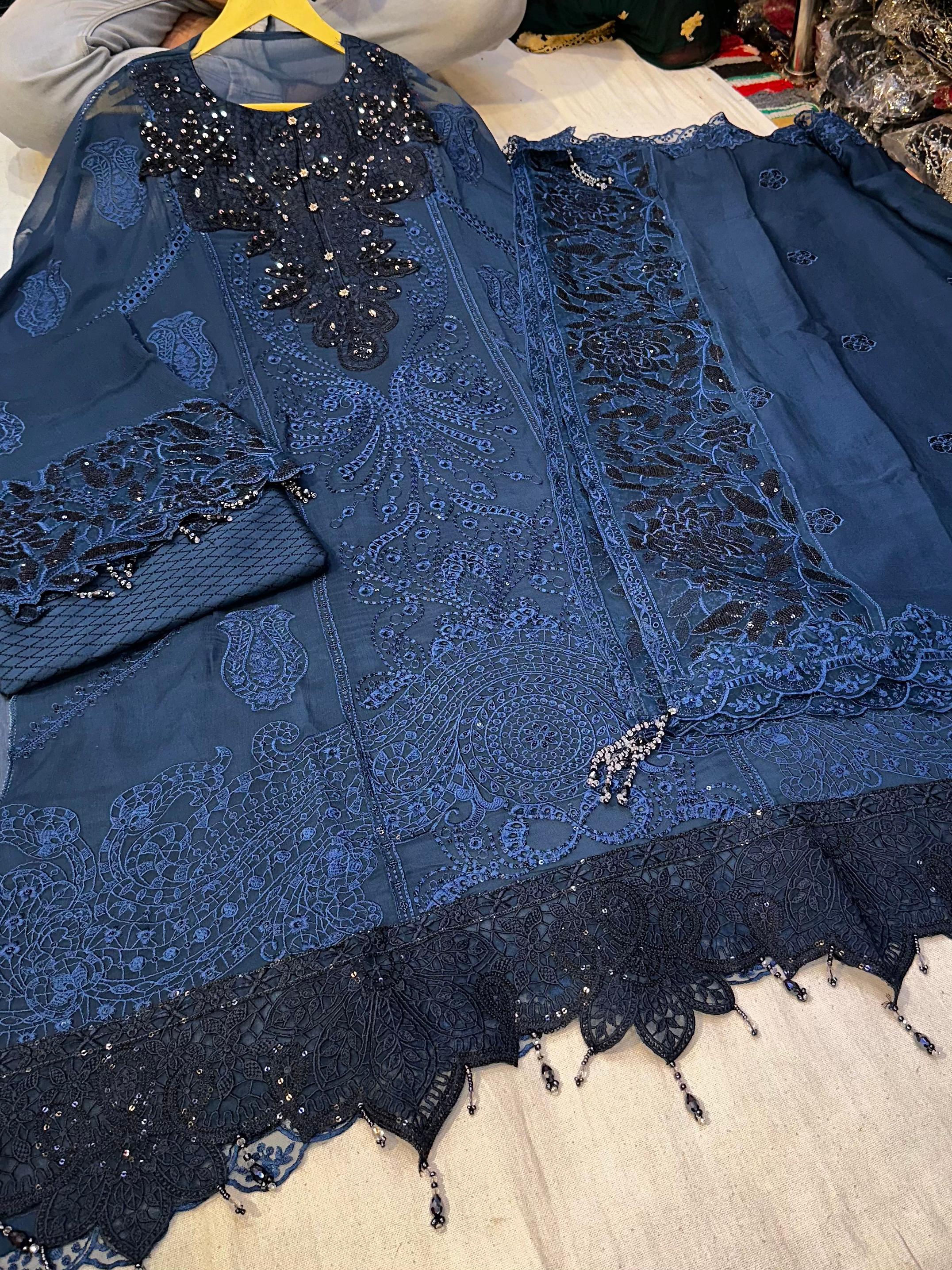 Embroidered Chiffon Suit | Navy Blue