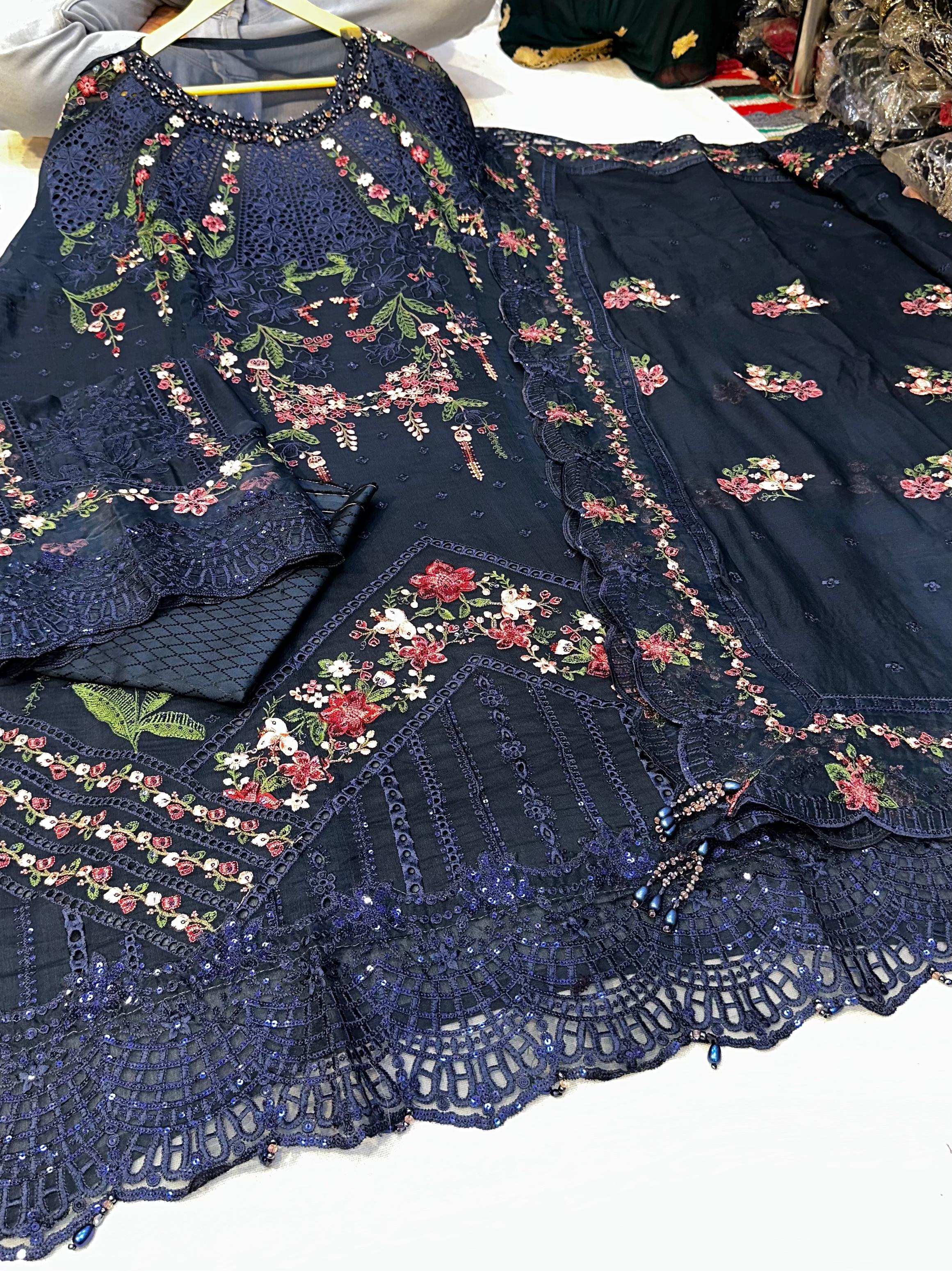 Embroidered Chiffon Suit | Royal Blue