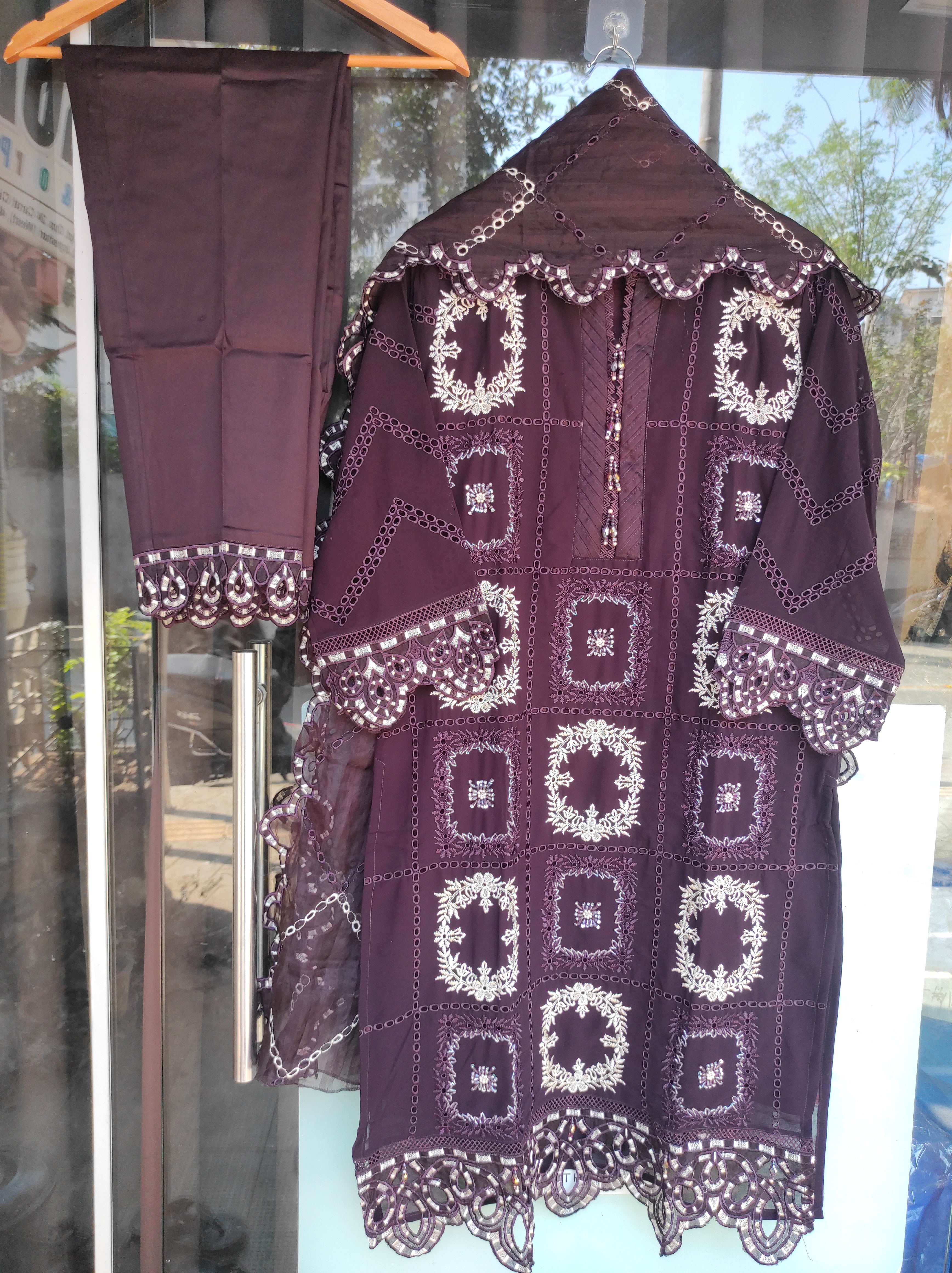 Georgette Embroidered Wine 3pc Set