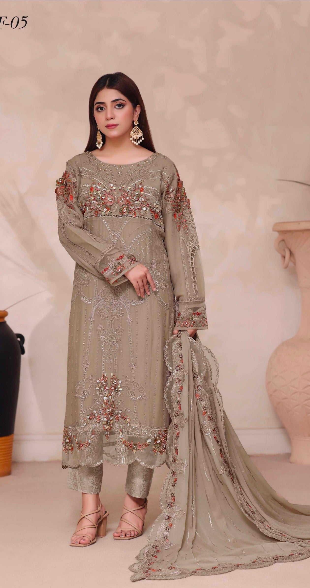 SEMI-STITCHED CHIFFON SUIT | TAUPE FLORAL
