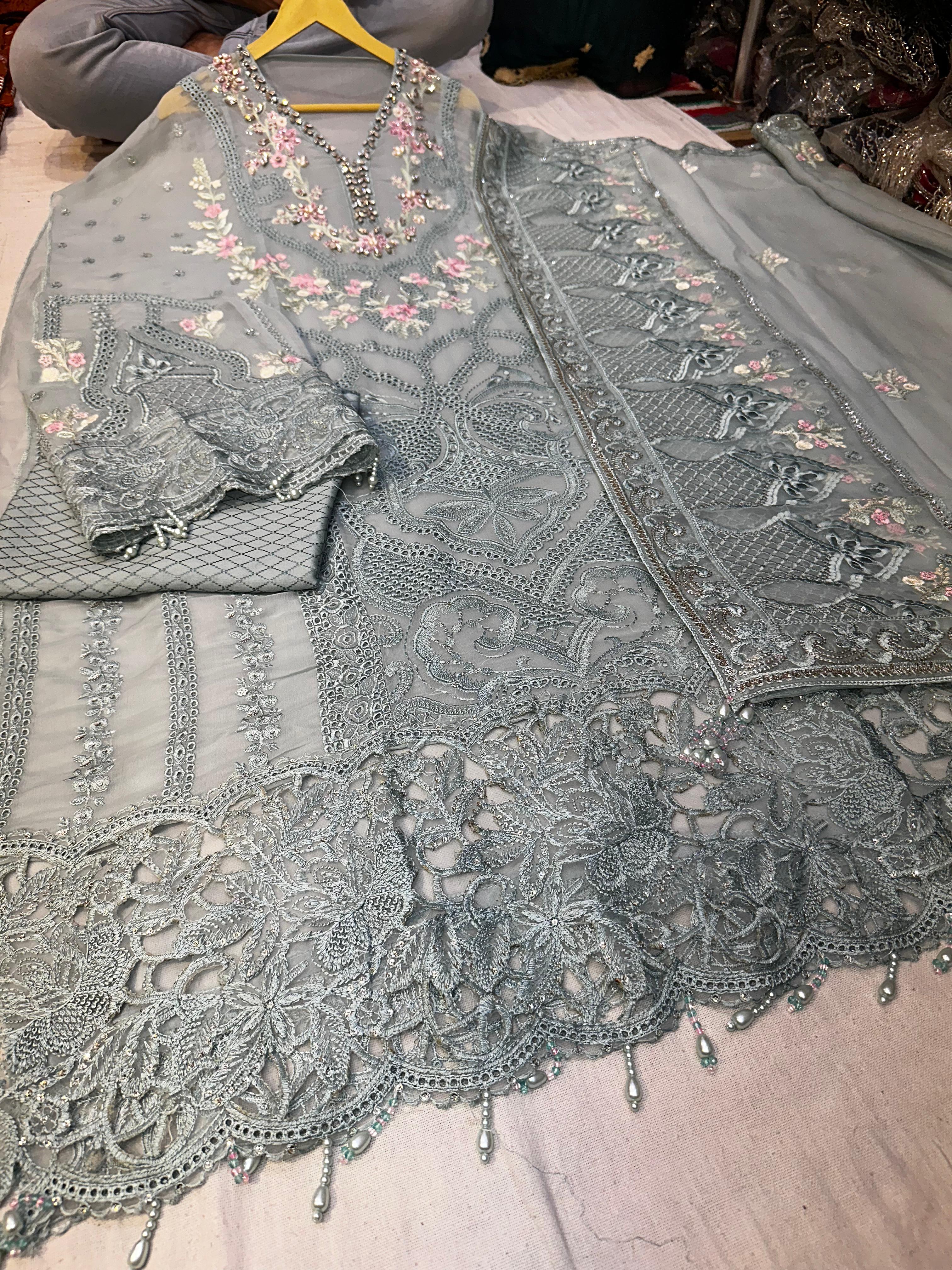 Embroidered Chiffon Suit | Sea Green