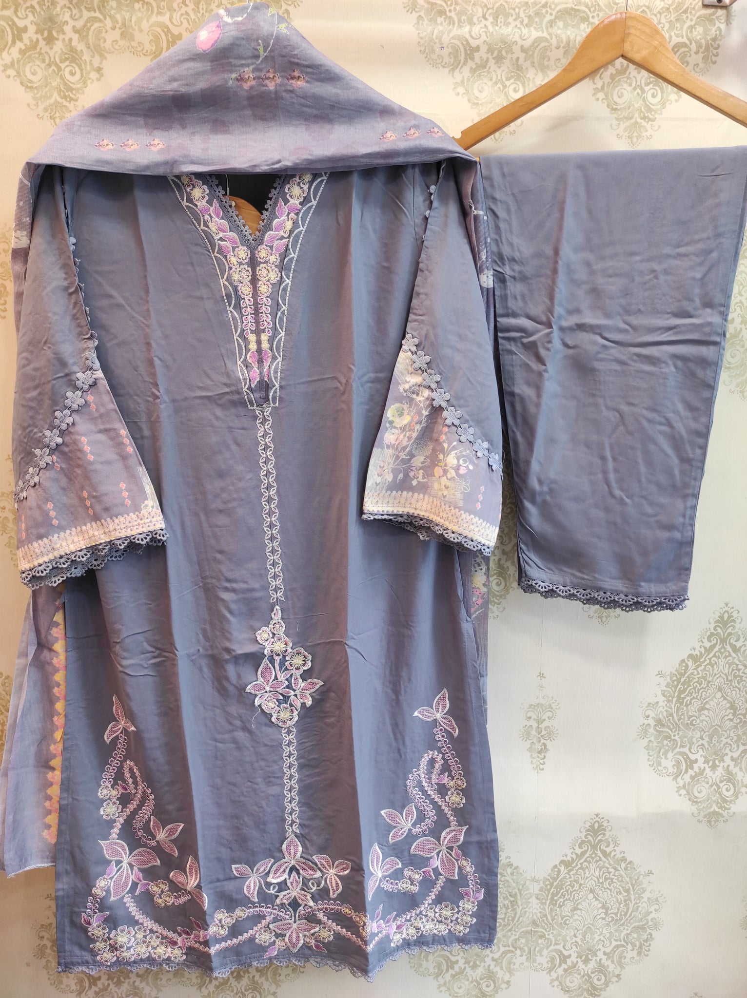 Ice Blue Floral Embroidered Suit