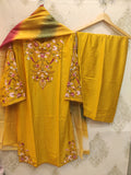 Mustard Yellow Rayon Satin Embroidered Suit