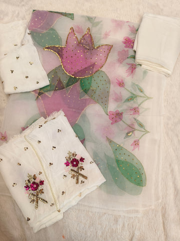 Hand Painted handwork White Joda (Unstitched)