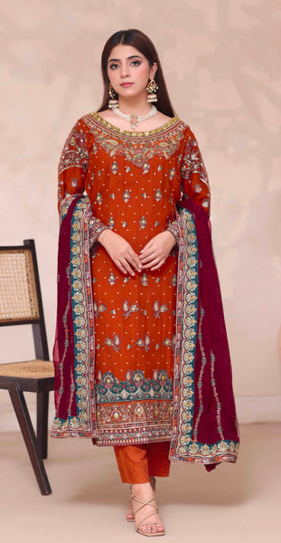 SEMI-STITCHED CHIFFON SUIT | RUST ORANGE