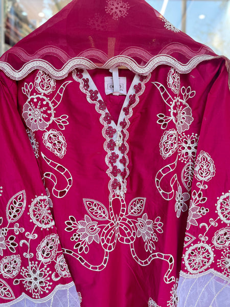 Magenta Pink Floral Cutwork & Embroidered 3-Piece Kurta Set