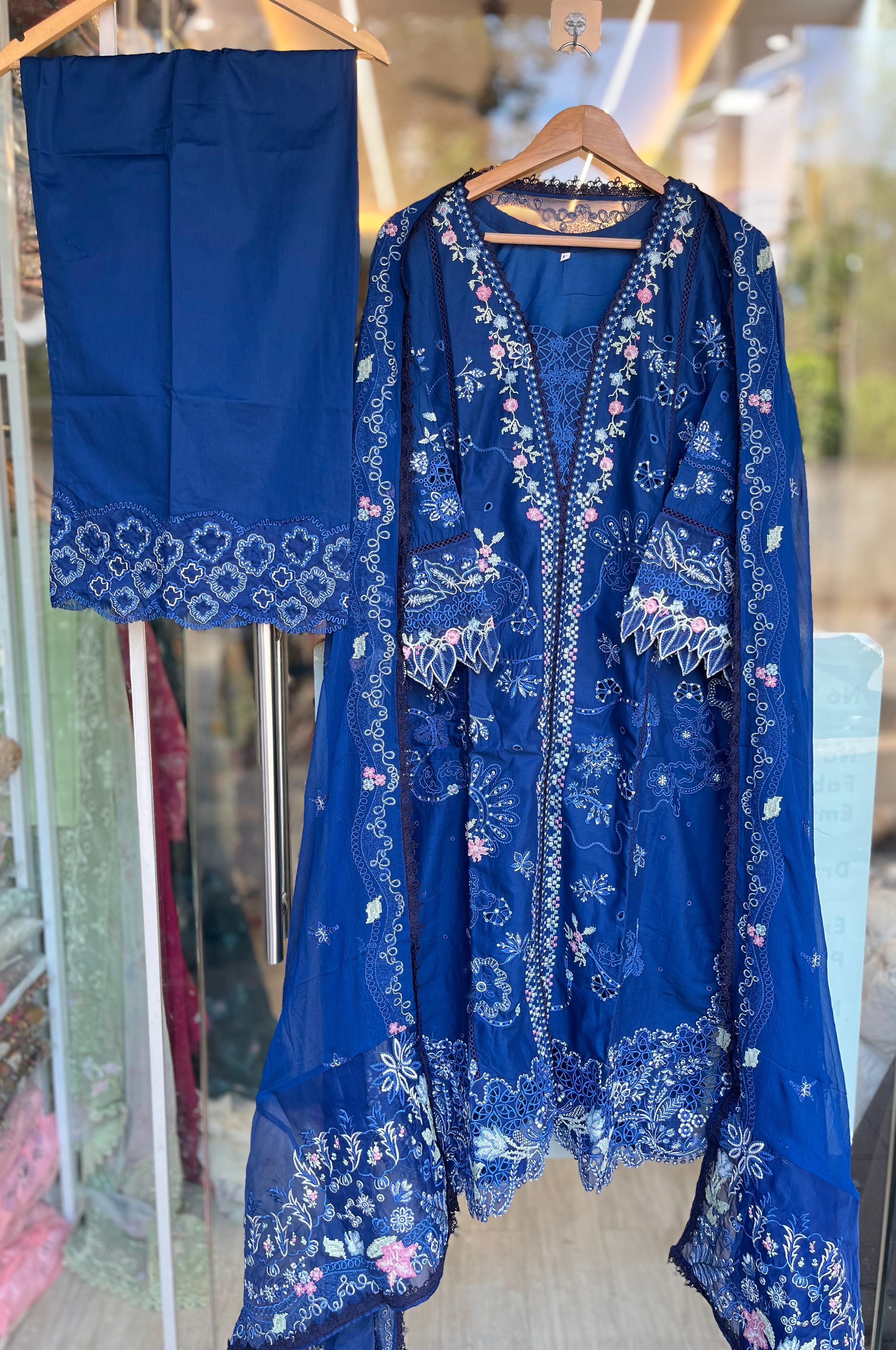 Qalamkar Sahil Lawn 2026 | Esma | Navy Embroidered Lawn Suit