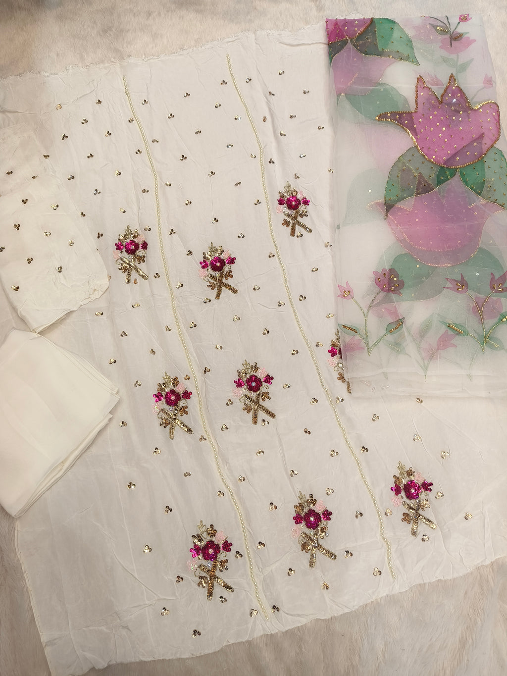 Hand Painted handwork White Joda (Unstitched)