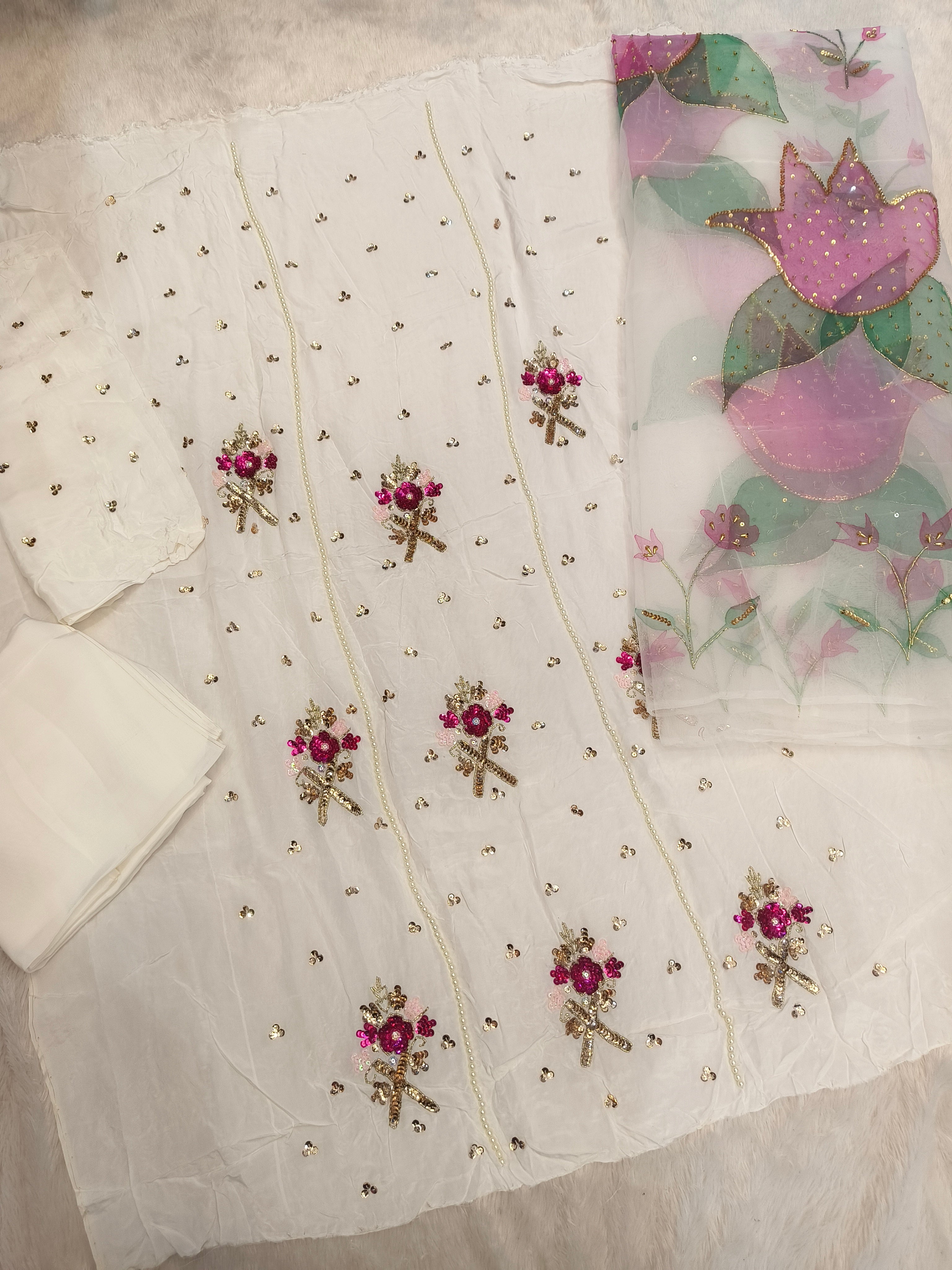Hand Painted handwork White Joda (Unstitched)