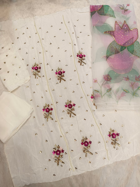 Hand Painted handwork White Joda (Unstitched)