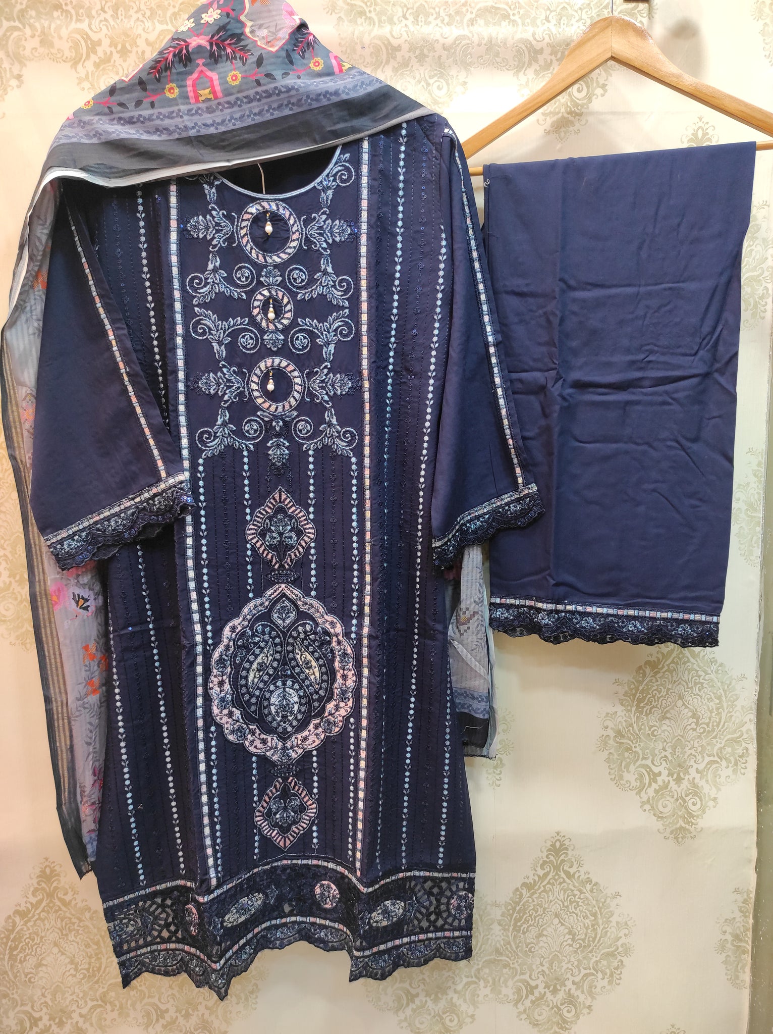 Navy Blue Embroidered Suit