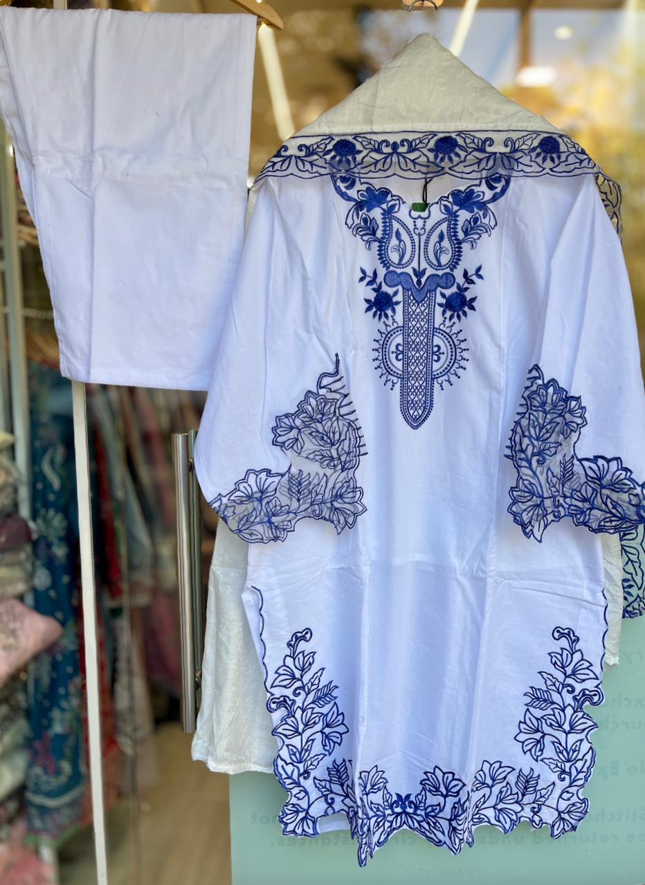 White with Blue Embroidery Rayon Cotton Kurta Set (Plus sizes)