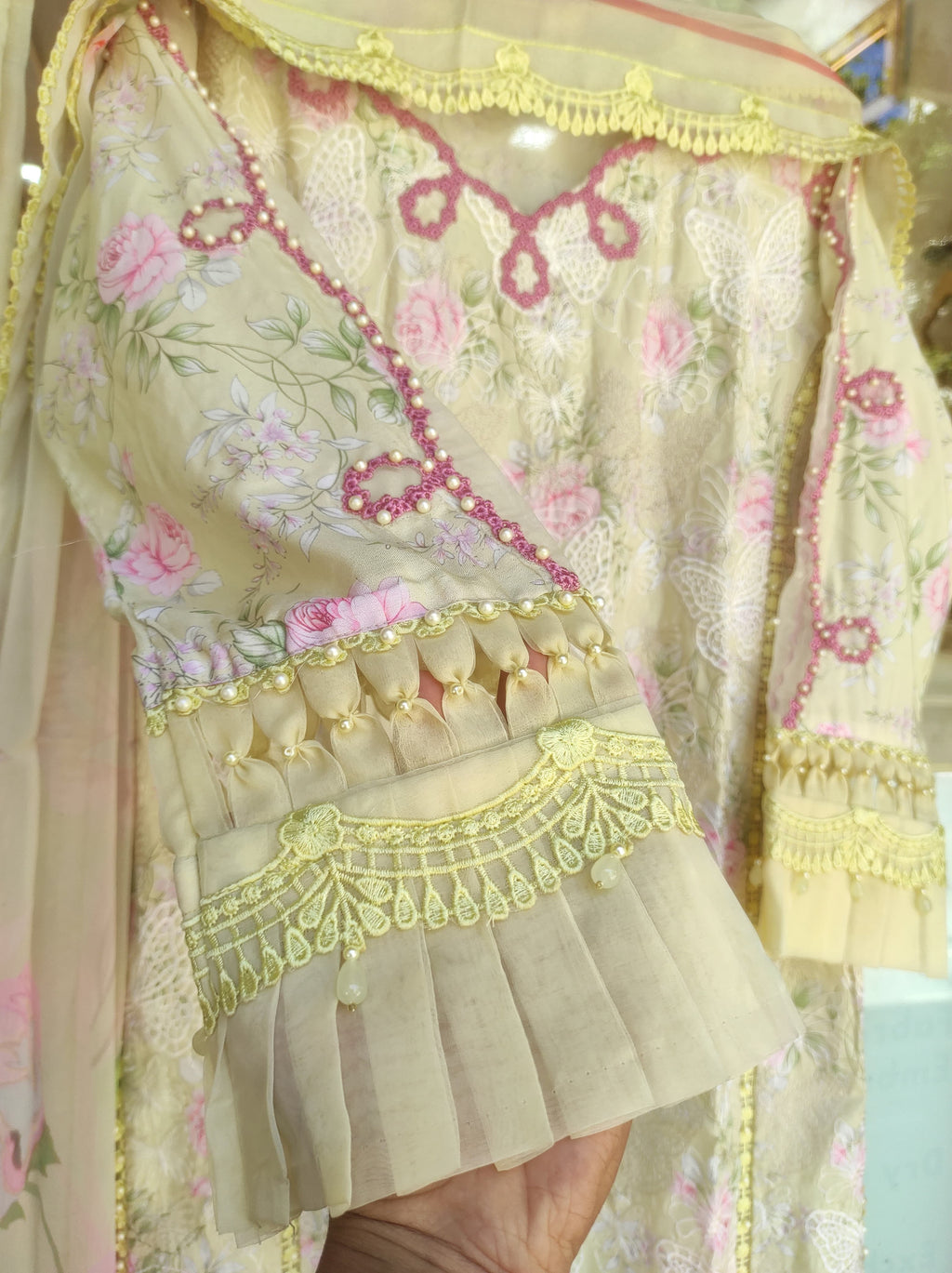 Butter Yellow Floral Embroidered 3 piece Salwar Kameez