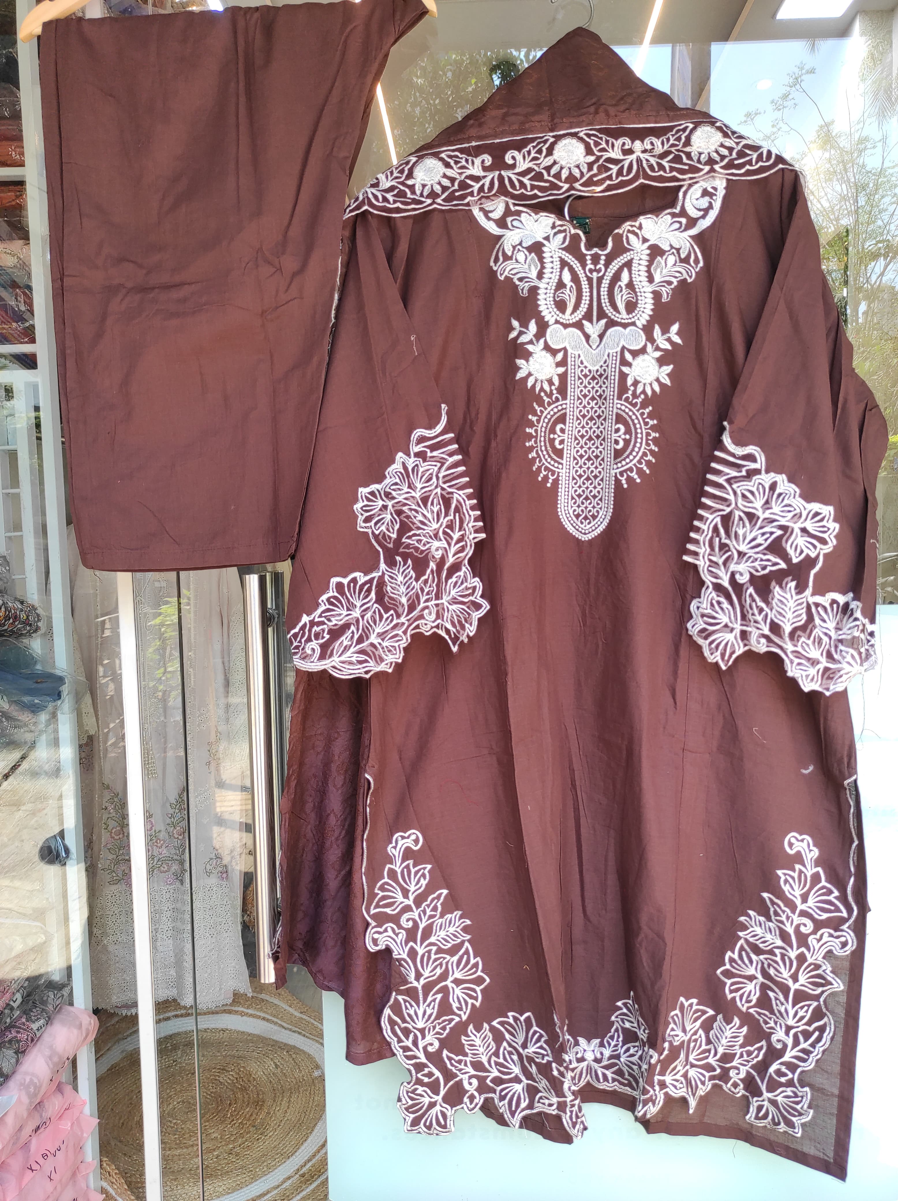 Brown with White Embroidery Rayon Cotton Kurta Set (Plus sizes)