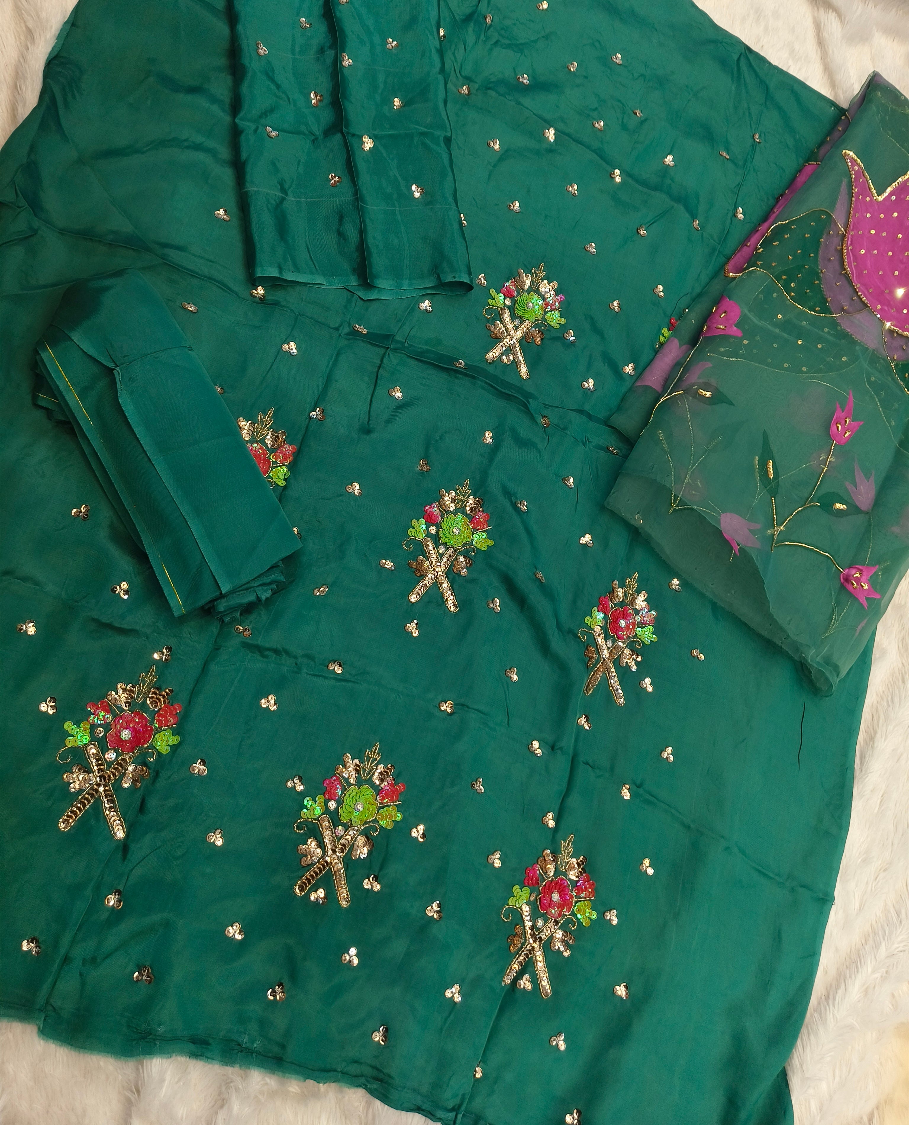 Hand Painted handwork Deep Sea-green Joda (Unstitched)