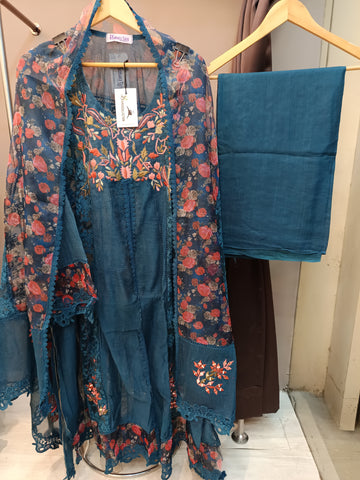 Teal blue Khaadi Net Semi-stitched Frock