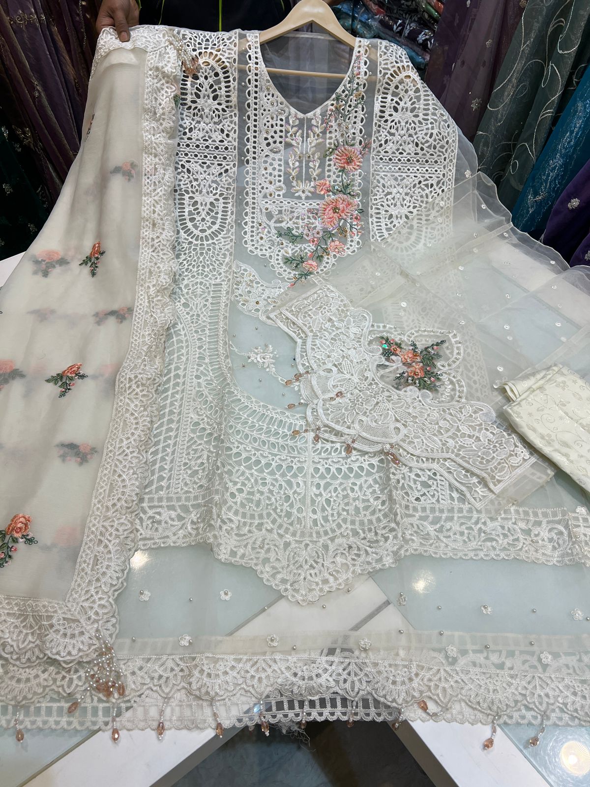 Cutwork Organza Suit | White