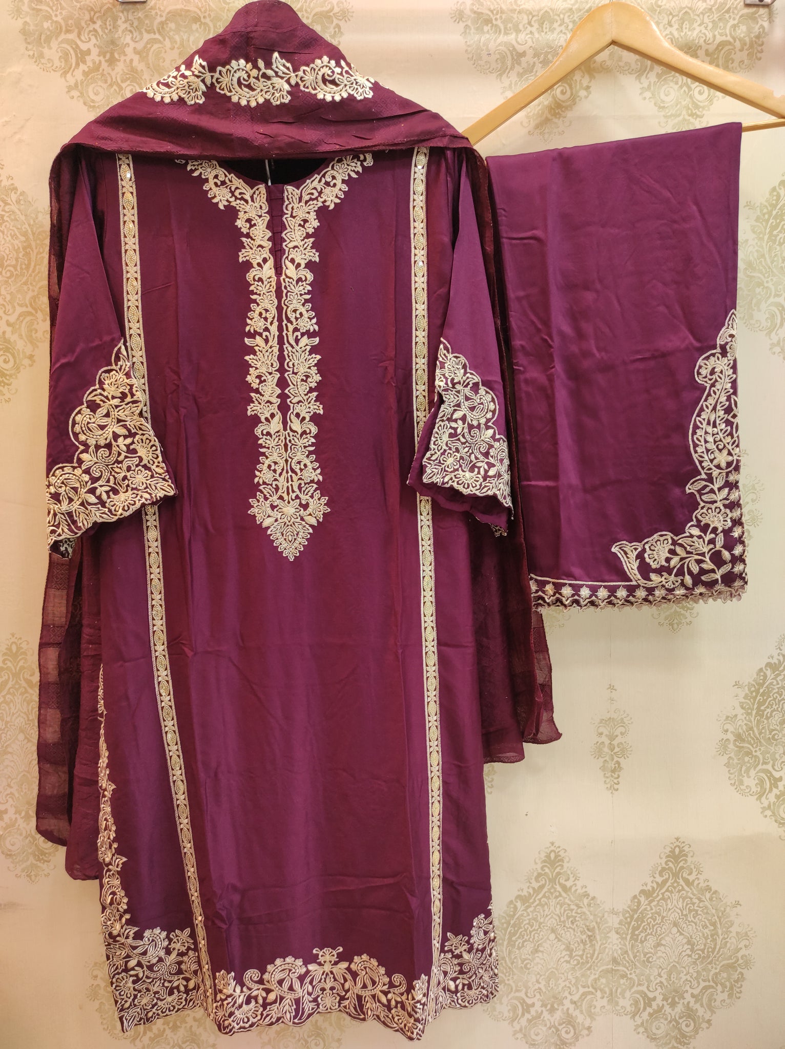 Wine Rayon Satin Embroidered Suit