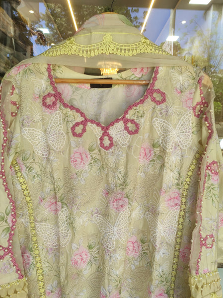 Butter Yellow Floral Embroidered 3 piece Salwar Kameez