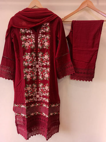 Maroon Red Embroidered Suit With Dupatta