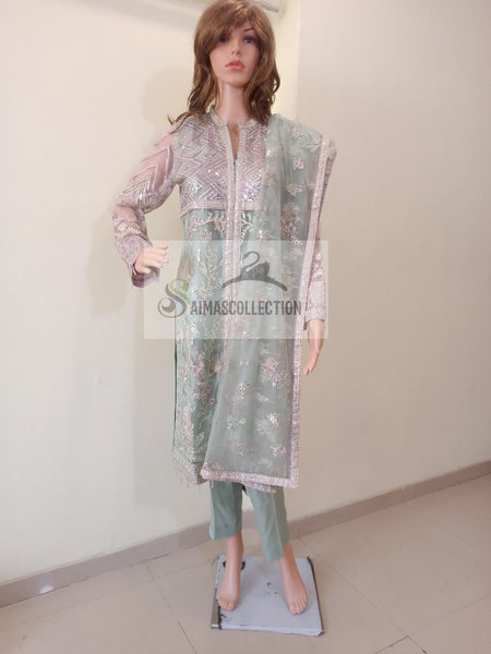 Light Sea-green Embroidered Net Suit