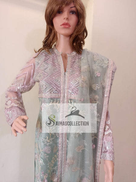 Light Sea-green Embroidered Net Suit