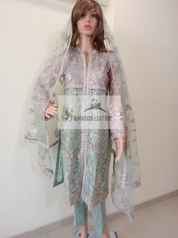 Light Sea-green Embroidered Net Suit