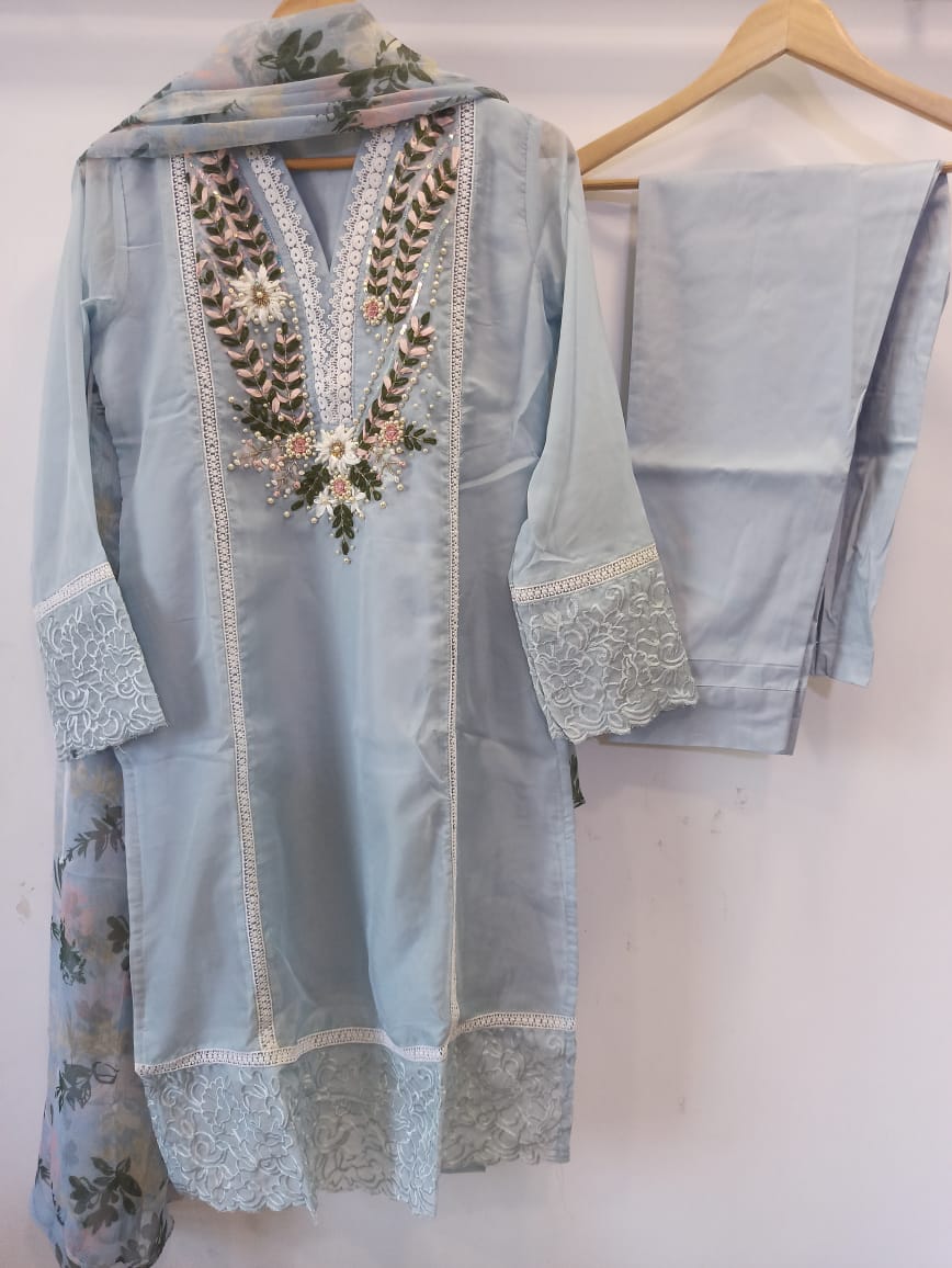 Ribbon Embroidery Kurta Set-Mauve