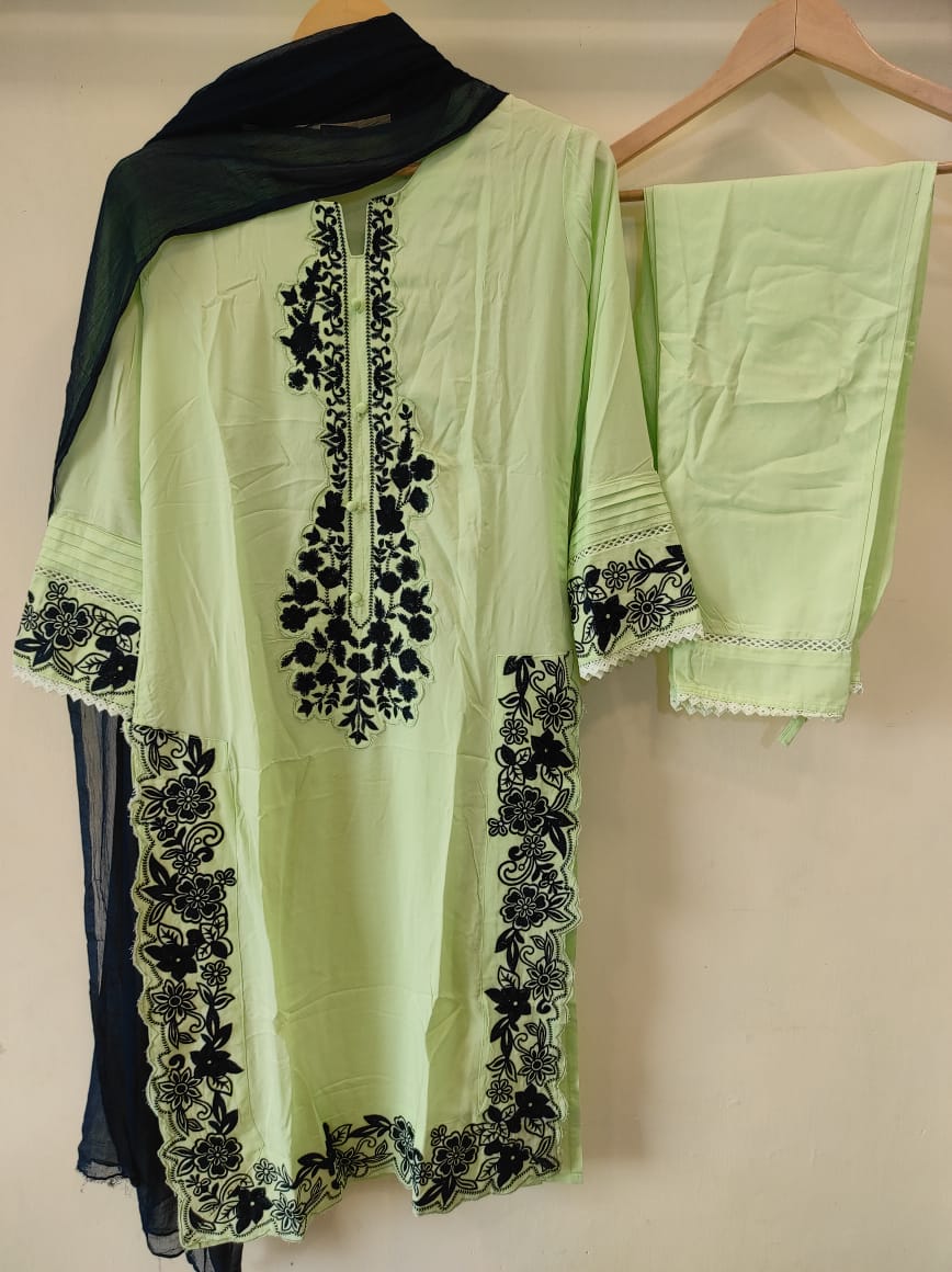 Pista and Navy Blue Embroidered Suit